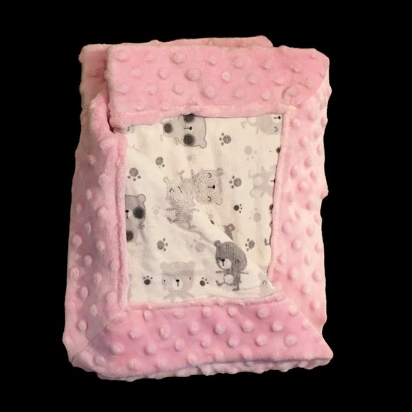 Pink Minky Dot Baby Blanket Teddy Bear Design LARGE 36" x 24" Unique Blankie